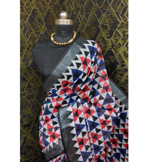Generic Women's Cotton Linen Printed Saree With Unstitched Blouse 5.5Mtr (Black)