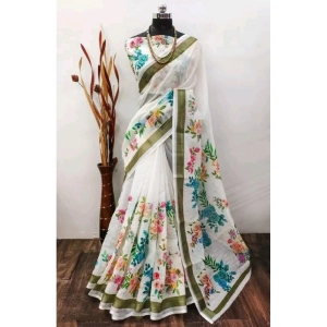 Generic Women's Cotton Linen Printed Saree With Unstitched Blouse 5.5Mtr (Multicolor)