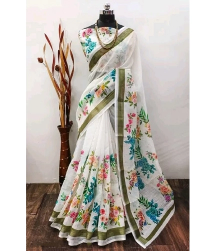 Generic Women's Cotton Linen Printed Saree With Unstitched Blouse 5.5Mtr (Multicolor)