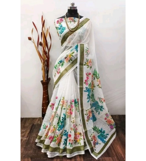 Generic Women's Cotton Linen Printed Saree With Unstitched Blouse 5.5Mtr (Multicolor)
