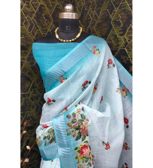 Generic Women's Cotton Linen Woven Design Saree With Unstitched Blouse 5.5Mtr (Sky)
