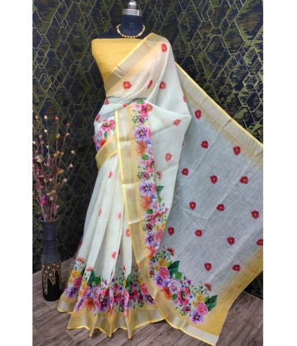 Generic Women's Cotton Linen Woven Design Saree With Unstitched Blouse 5.5Mtr (Yellow)