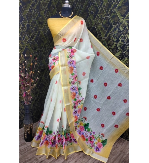 Generic Women's Cotton Linen Woven Design Saree With Unstitched Blouse 5.5Mtr (Yellow)