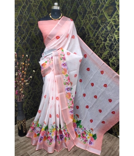 Generic Women's Cotton Linen Woven Design Saree With Unstitched Blouse 5.5Mtr (Peach)