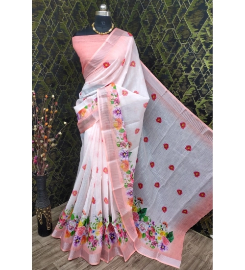 Generic Women's Cotton Linen Woven Design Saree With Unstitched Blouse 5.5Mtr (Peach)