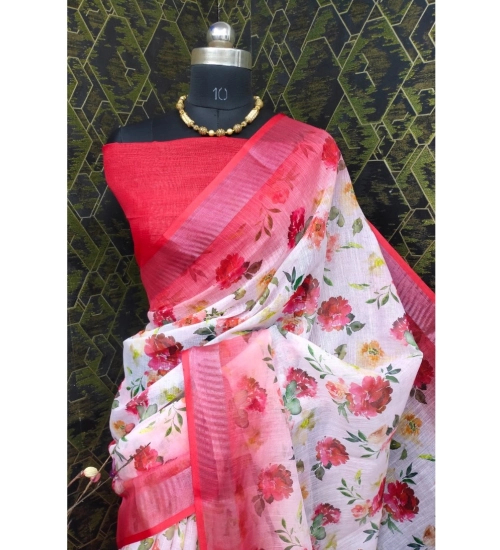 Generic Women's Cotton Linen Woven Design Saree With Unstitched Blouse 5.5Mtr (Red)