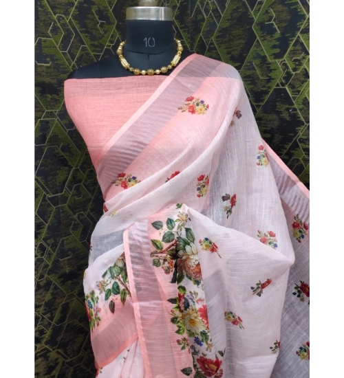 Generic Women's Cotton Linen Woven Design Saree With Unstitched Blouse 5.5Mtr (Peach)