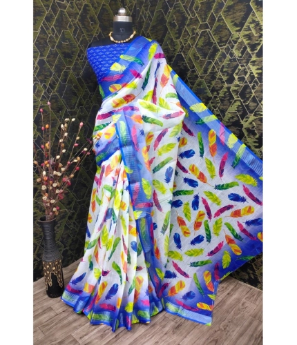 Generic Women's Cotton Linen Woven Design Saree With Unstitched Blouse 5.5Mtr (Blue)