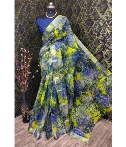 Generic Women's Cotton Linen Woven Design Saree With Unstitched Blouse 5.5Mtr (Blue)