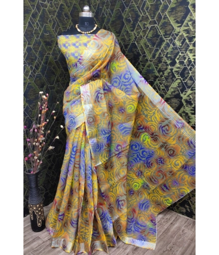 Generic Women's Cotton Linen Woven Design Saree With Unstitched Blouse 5.5Mtr (Yellow)