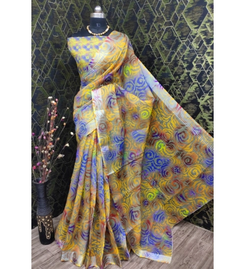 Generic Women's Cotton Linen Woven Design Saree With Unstitched Blouse 5.5Mtr (Yellow)