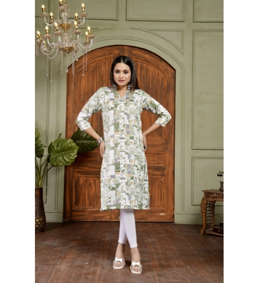 Generic Women's Cotton Blended Printed 3/4th Sleeve Collar Neck Kurti (Green)