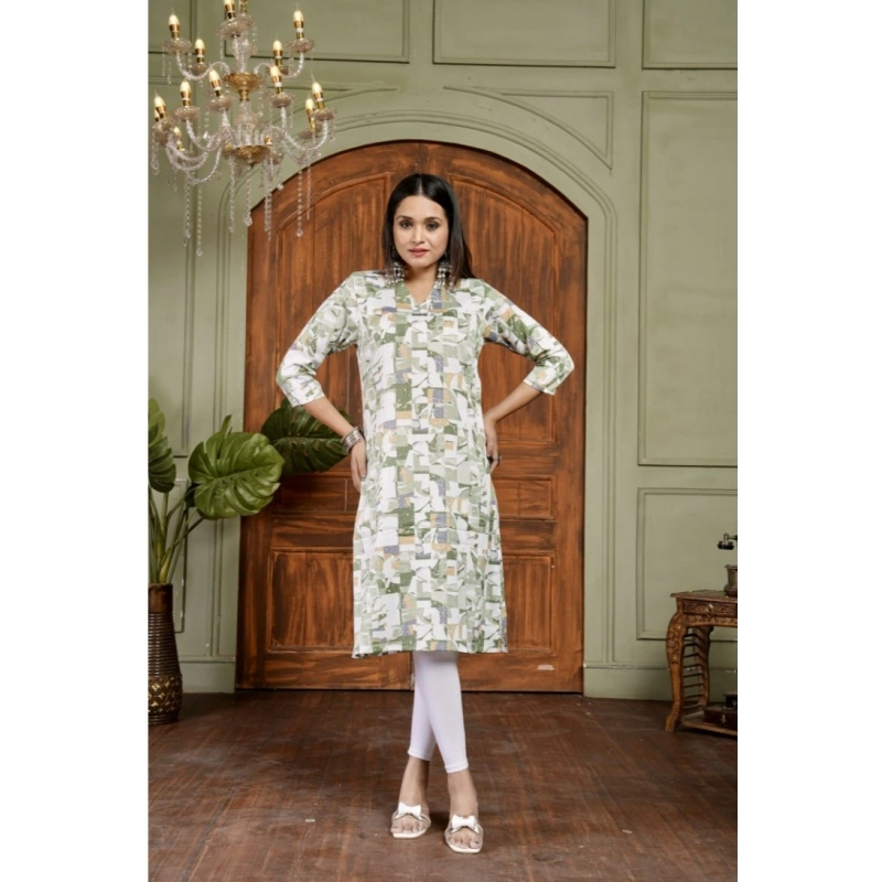 Women's Cotton Blended Printed 3/4th Sleeve Collar Neck Kurti (Green) Women's Cotton Blended Printed 3/4th Sleeve Collar Neck Kurti (Green)