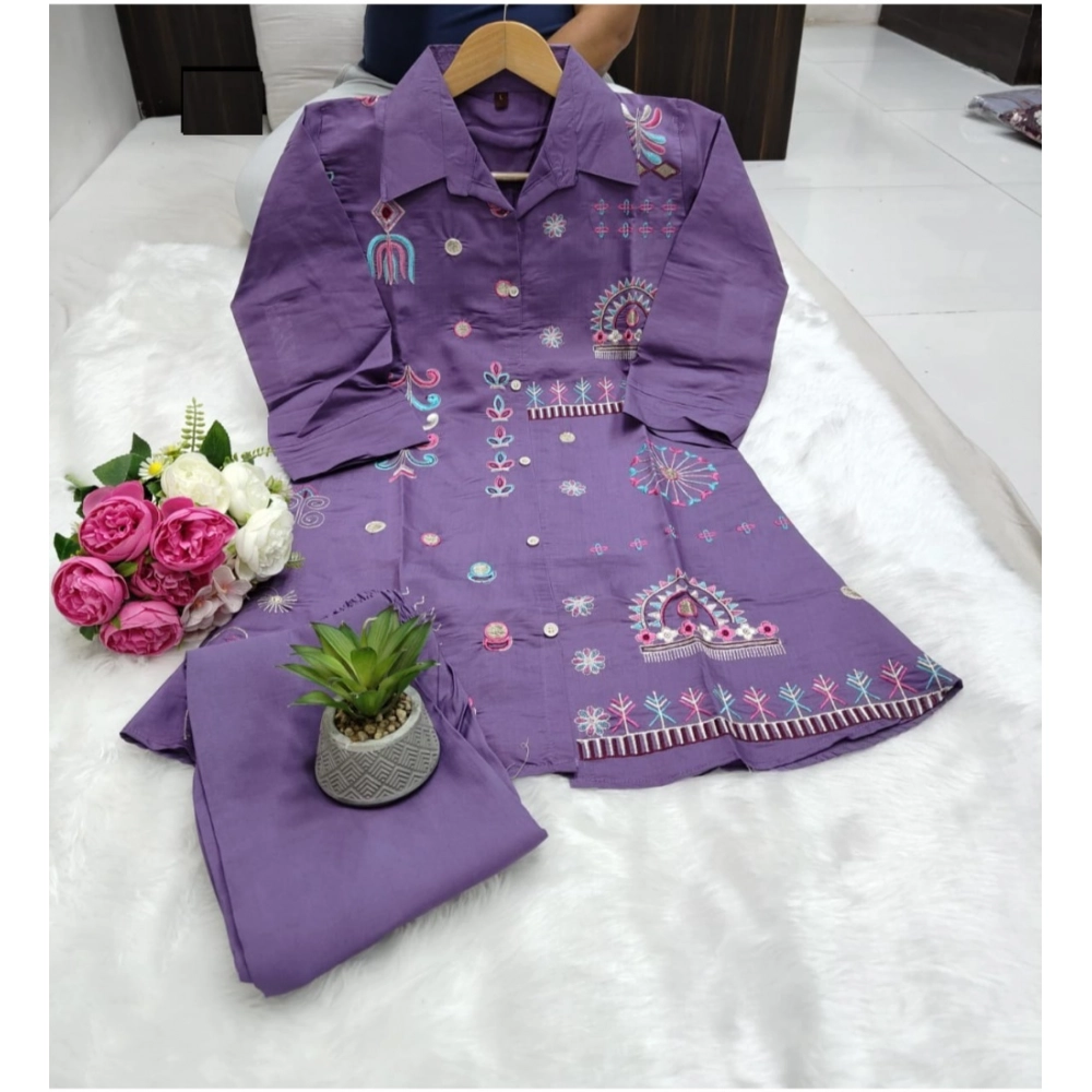 Generic Women's Roman Silk Embroidered 3/4th Sleeve Collar Neck Co-Ord Set (Purple) Generic Women's Roman Silk Embroidered 3/4th Sleeve Collar Neck Co-Ord Set (Purple)