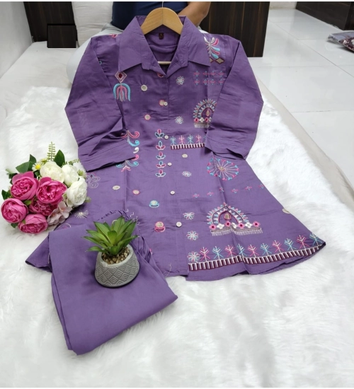 Generic Women's Roman Silk Embroidered 3/4th Sleeve Collar Neck Co-Ord Set (Purple)