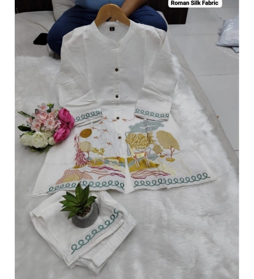 Generic Women's Silk Embroidered 3/4th Sleeve Collar Neck Co-Ord Set (White)