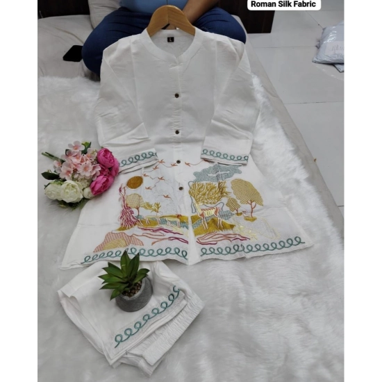 Generic Women's Silk Embroidered 3/4th Sleeve Collar Neck Co-Ord Set (White) Generic Women's Silk Embroidered 3/4th Sleeve Collar Neck Co-Ord Set (White)