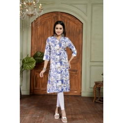Generic Women's Cotton Blended Printed 3/4th Sleeve Collar Neck Kurti (Blue)