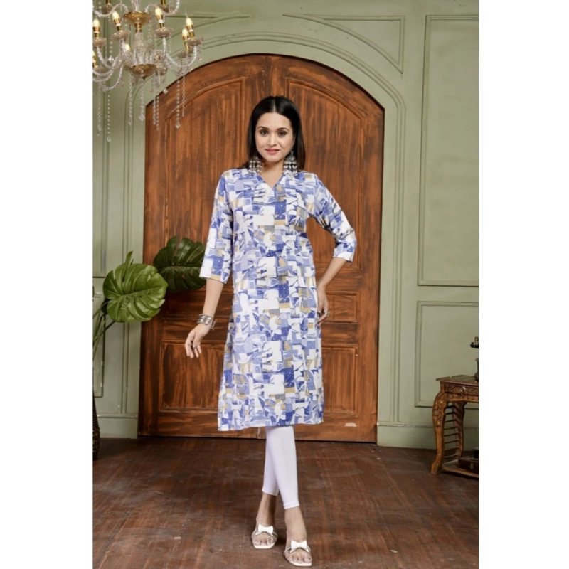 Women's Cotton Blended Printed 3/4th Sleeve Collar Neck Kurti (Blue) Women's Cotton Blended Printed 3/4th Sleeve Collar Neck Kurti (Blue)