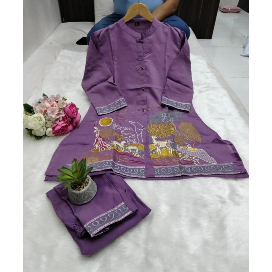Generic Women's Silk Embroidered 3/4th Sleeve Collar Neck Co-Ord Set (Purple) Generic Women's Silk Embroidered 3/4th Sleeve Collar Neck Co-Ord Set (Purple)