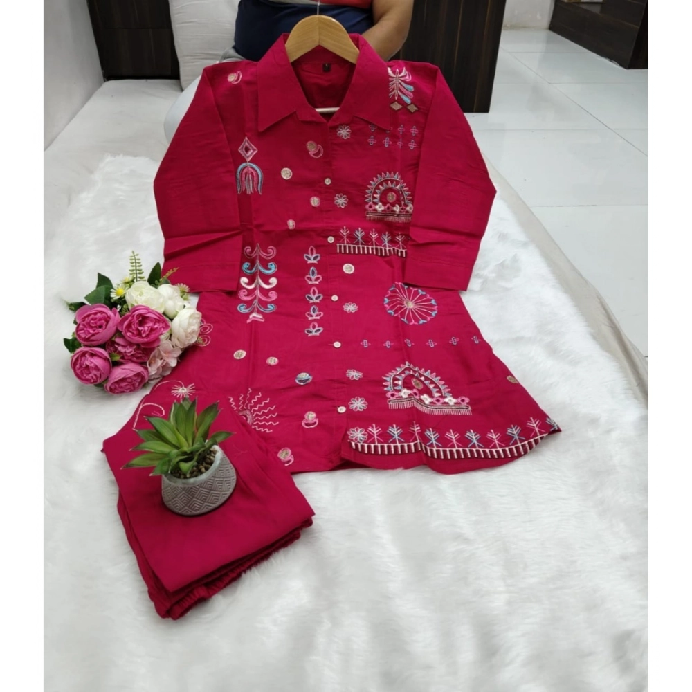 Generic Women's Roman Silk Embroidered 3/4th Sleeve Collar Neck Co-Ord Set (Red) Generic Women's Roman Silk Embroidered 3/4th Sleeve Collar Neck Co-Ord Set (Red)