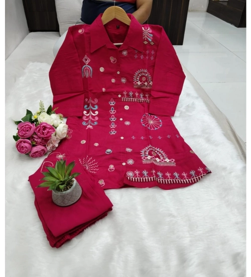 Generic Women's Roman Silk Embroidered 3/4th Sleeve Collar Neck Co-Ord Set (Red)