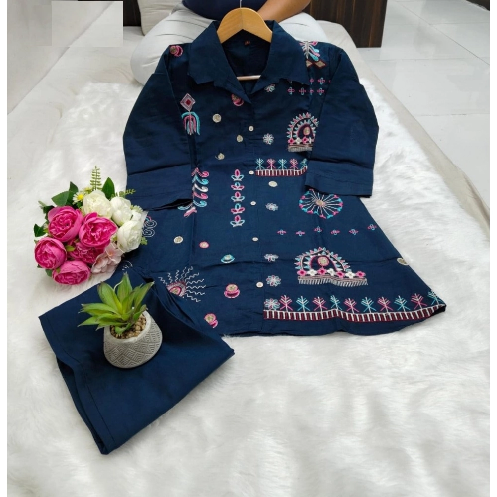 Generic Women's Roman Silk Embroidered 3/4th Sleeve Collar Neck Co-Ord Set (Blue) Generic Women's Roman Silk Embroidered 3/4th Sleeve Collar Neck Co-Ord Set (Blue)