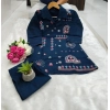 Generic Women's Roman Silk Embroidered 3/4th Sleeve Collar Neck Co-Ord Set (Blue)