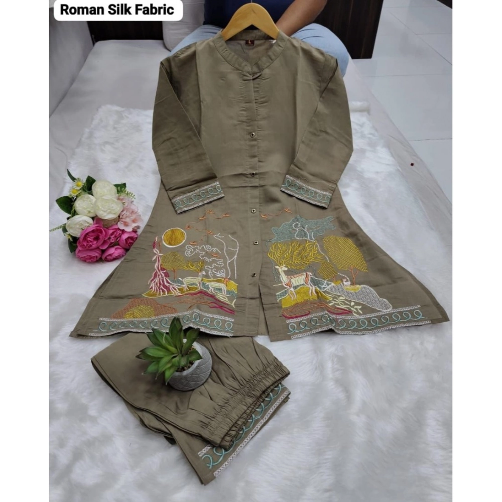 Generic Women's Silk Embroidered 3/4th Sleeve Collar Neck Co-Ord Set (Grey) Generic Women's Silk Embroidered 3/4th Sleeve Collar Neck Co-Ord Set (Grey)