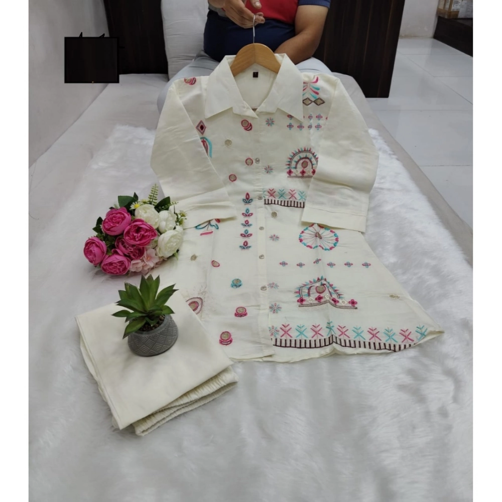 Generic Women's Roman Silk Embroidered 3/4th Sleeve Collar Neck Co-Ord Set (White) Generic Women's Roman Silk Embroidered 3/4th Sleeve Collar Neck Co-Ord Set (White)