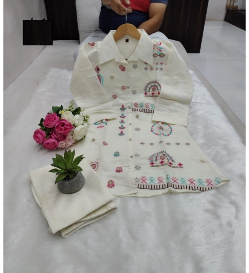 Generic Women's Roman Silk Embroidered 3/4th Sleeve Collar Neck Co-Ord Set (White)