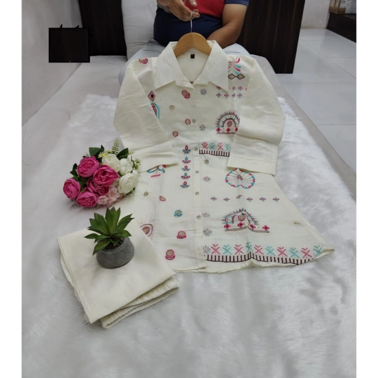 Generic Women's Roman Silk Embroidered 3/4th Sleeve Collar Neck Co-Ord Set (White)