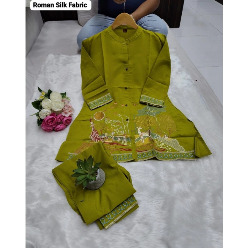 Generic Women's Silk Embroidered 3/4th Sleeve Collar Neck Co-Ord Set (Green) Generic Women's Silk Embroidered 3/4th Sleeve Collar Neck Co-Ord Set (Green)
