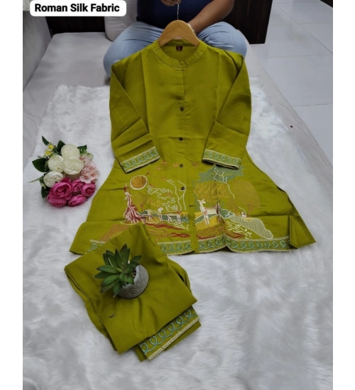 Generic Women's Silk Embroidered 3/4th Sleeve Collar Neck Co-Ord Set (Green)
