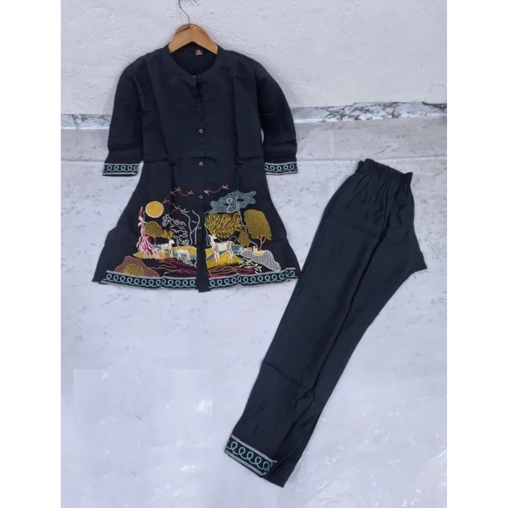 Generic Women's Silk Embroidered 3/4th Sleeve Collar Neck Co-Ord Set (Blue) Generic Women's Silk Embroidered 3/4th Sleeve Collar Neck Co-Ord Set (Blue)