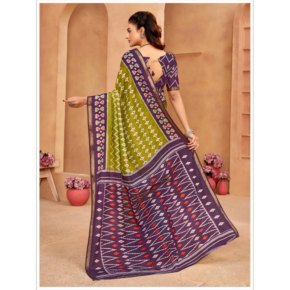 Generic Women's Cotton Printed Saree With Unstitched Blouse 5.5Mtr (Mehendi Green)