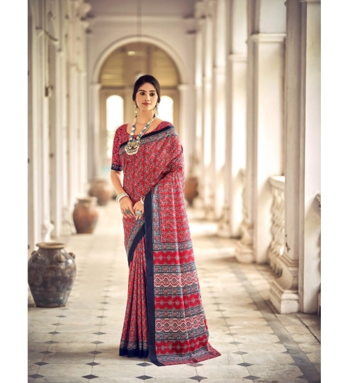 Generic Women's Cotton Printed Saree With Unstitched Blouse 5.5Mtr (Red)
