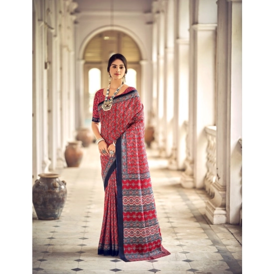 Generic Women's Cotton Printed Saree With Unstitched Blouse 5.5Mtr (Red)
