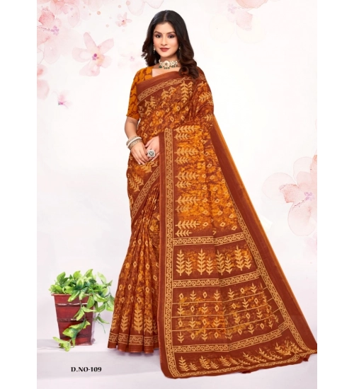 Generic Women's Cotton Printed Saree With Unstitched Blouse 5.5Mtr (Mustard)