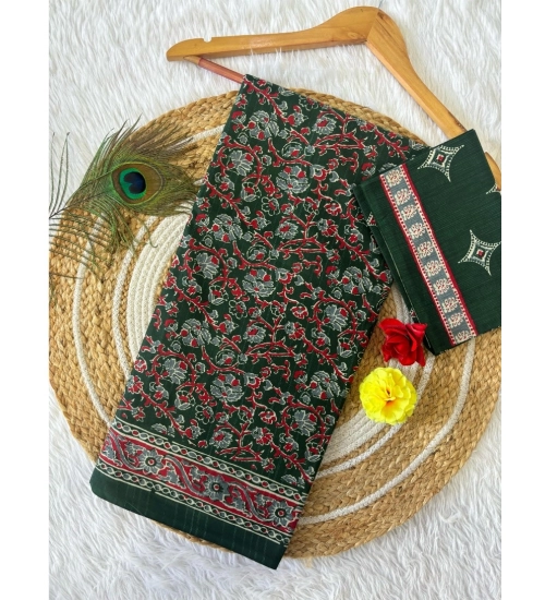 Generic Women's Cotton Printed Saree With Unstitched Blouse 5.5Mtr (Green)