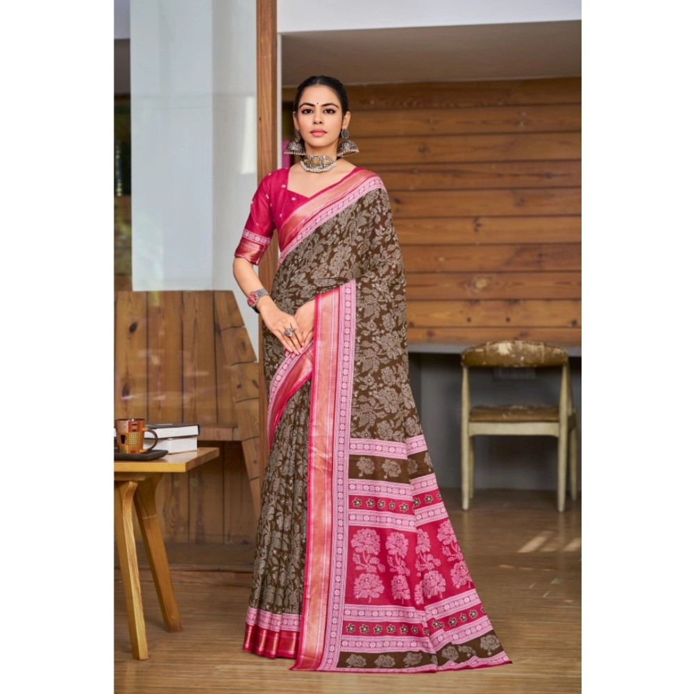 Generic Women's Cotton Printed Saree With Unstitched Blouse 5.5Mtr (Brown) Generic Women's Cotton Printed Saree With Unstitched Blouse 5.5Mtr (Brown)