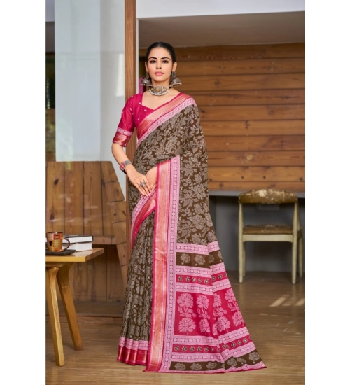 Generic Women's Cotton Printed Saree With Unstitched Blouse 5.5Mtr (Brown)