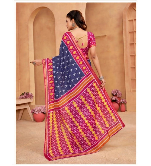 Generic Women's Cotton Printed Saree With Unstitched Blouse 5.5Mtr (Blue)