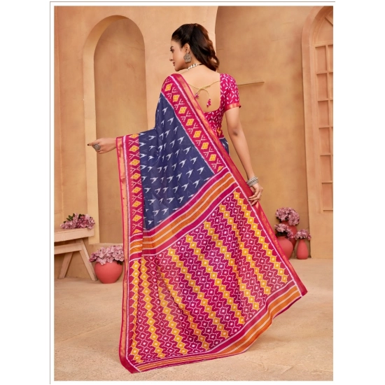 Generic Women's Cotton Printed Saree With Unstitched Blouse 5.5Mtr (Blue)