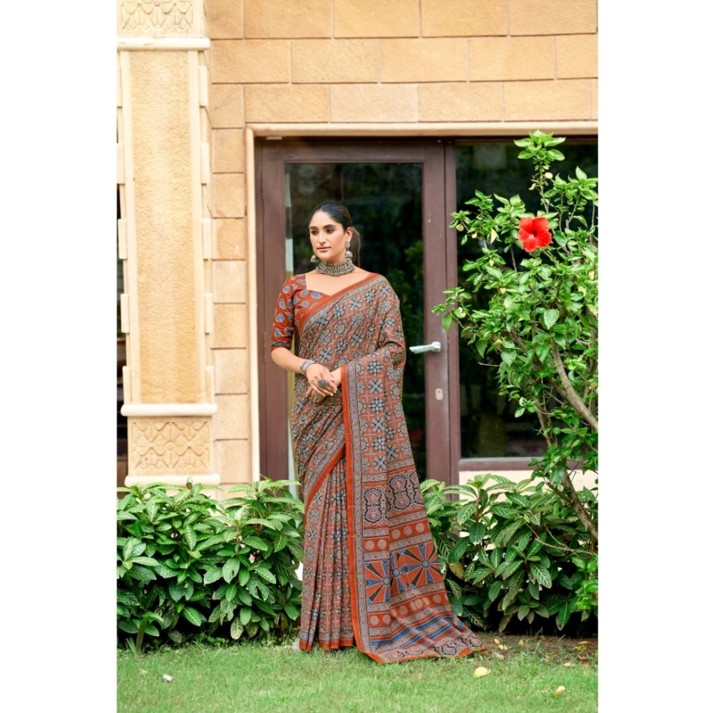 Generic Women's Cotton Printed Saree With Unstitched Blouse 5.5Mtr (Brown) Generic Women's Cotton Printed Saree With Unstitched Blouse 5.5Mtr (Brown)
