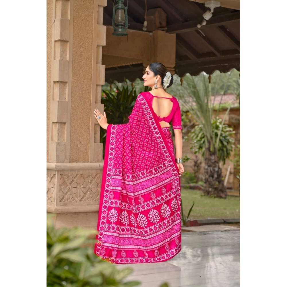 Generic Women's Cotton Printed Saree With Unstitched Blouse 5.5Mtr (Pink)
