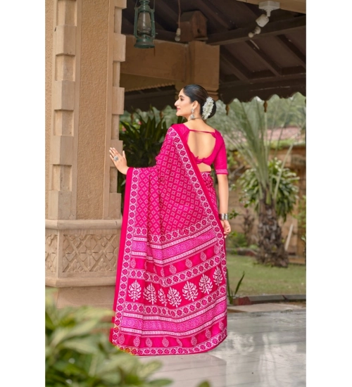 Generic Women's Cotton Printed Saree With Unstitched Blouse 5.5Mtr (Pink)