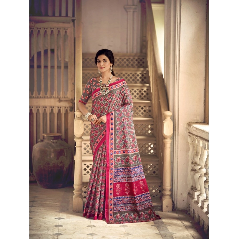 Generic Women's Cotton Printed Saree With Unstitched Blouse 5.5Mtr (Pink)