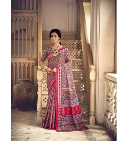 Generic Women's Cotton Printed Saree With Unstitched Blouse 5.5Mtr (Pink)