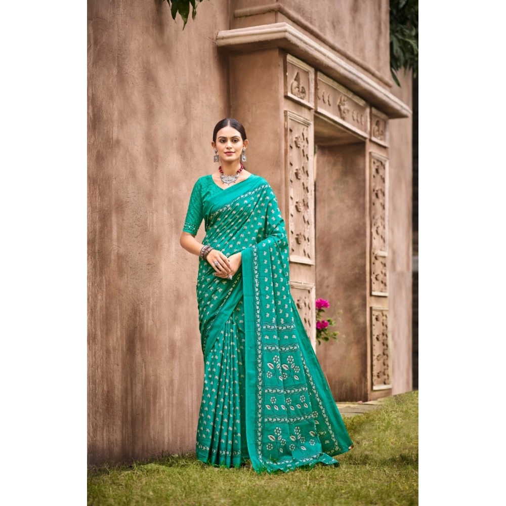 Generic Women's Cotton Printed Saree With Unstitched Blouse 5.5Mtr (Green)